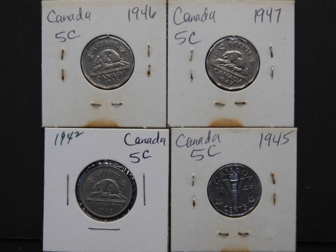 1942, 1945, 1946 & 1947 - Canada - 5C Coin (4 coins) (1 of 5)