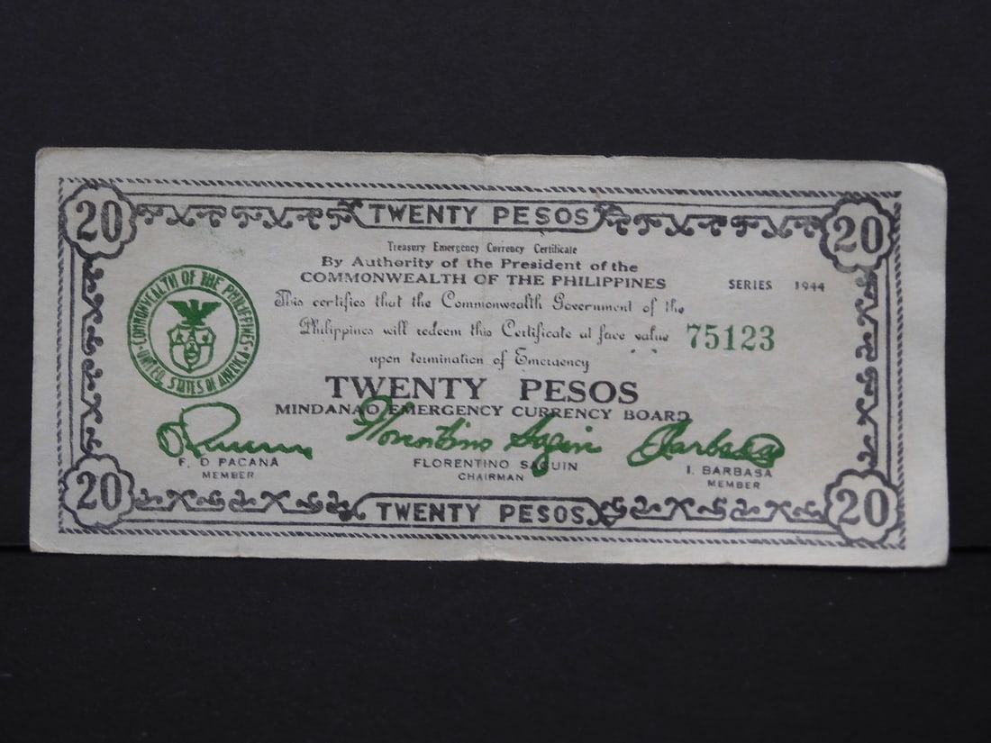 1944 Philippines Emergency War Issue 20 Pesos Note. SCARCE (1 of 3)