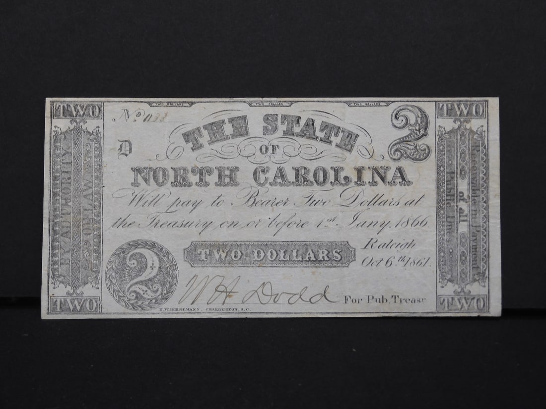 RARE 1861 Raleigh North Carolina $2 Confederate Note. Civil War Era, Hand Signed and Numbered. (1 of 3)