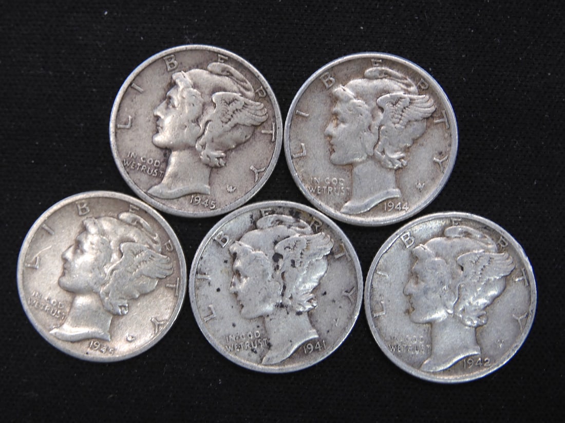 1941, 1942, 1944, 1945-P+D Mercury Dimes: 1941, 1942, 1944, 1945-P+D Mercury Dimes