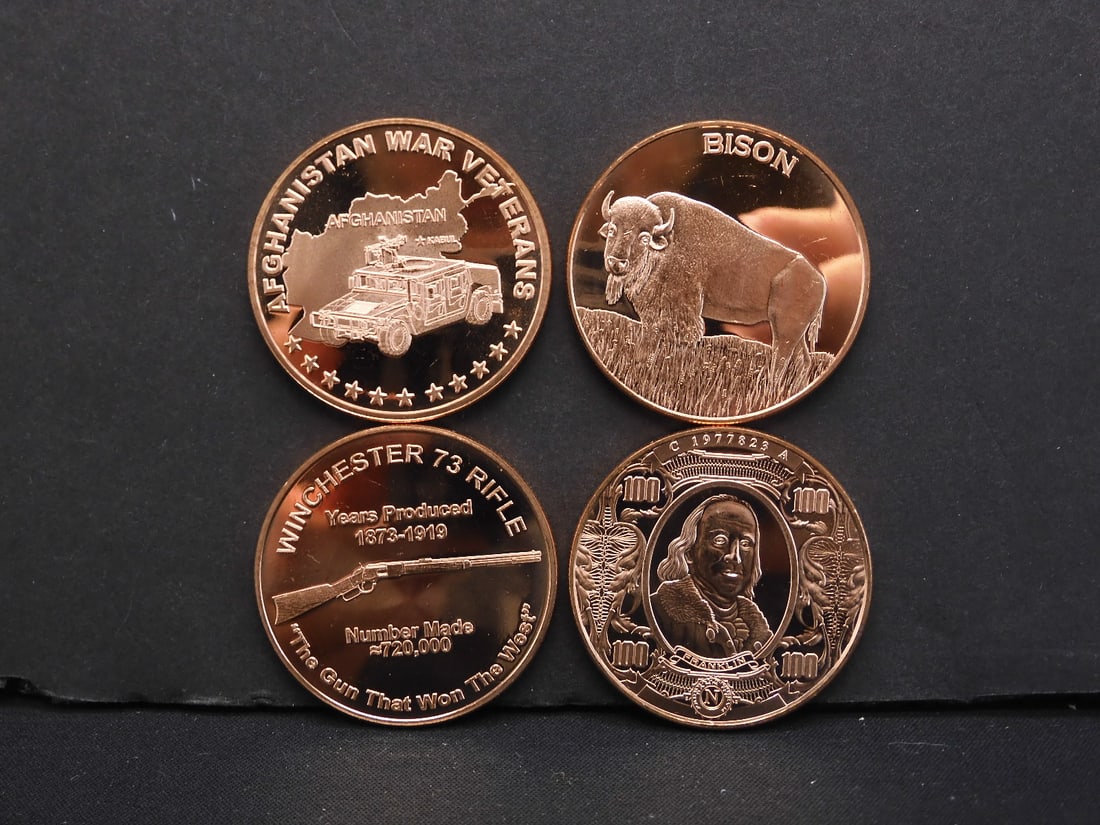 Four 1 Ounce .999 Fine Proof Copper Rounds Commemorating A Variety Of Themes: Bison, War Veterans,: Four 1 Ounce .999 Fine Proof Copper Rounds Commemorating A Variety Of Themes: Bison, War Veterans, Franklin, Rifle.