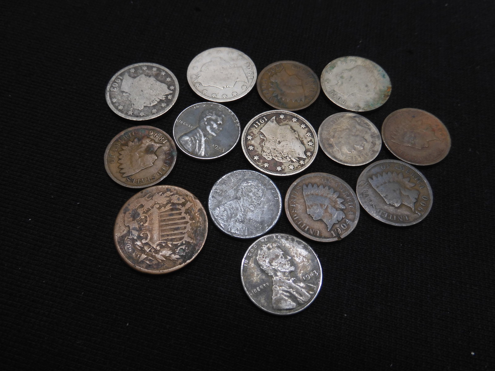 Lot of Type Coins - 14 Coins - V-Nickels, 2 Cent Piece, Wheat Cents: Lot of Type Coins - 14 Coins - V-Nickels, 2 Cent Piece, Wheat Cents