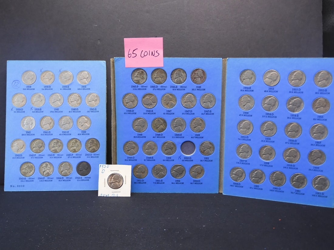 Jefferson Nickel Album, 1938-1961 complete, with BU full step 1950-D + 11 silver war nickels- 65 Tot (1 of 6)