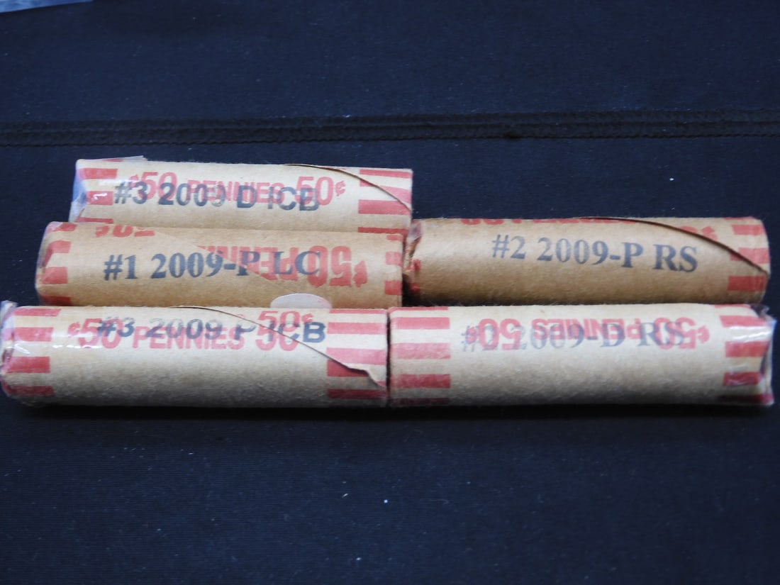 5 rolls 2009 BU Lincoln cents, Log Cabin-P, Woodchopper-P&D, Statehouse P&D, each roll missing one (1 of 4)