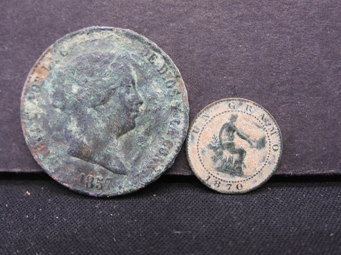 2-Vintage coins (1857 25 Real Centimos & 1870 Spain 1 Centimos) (1 of 2)