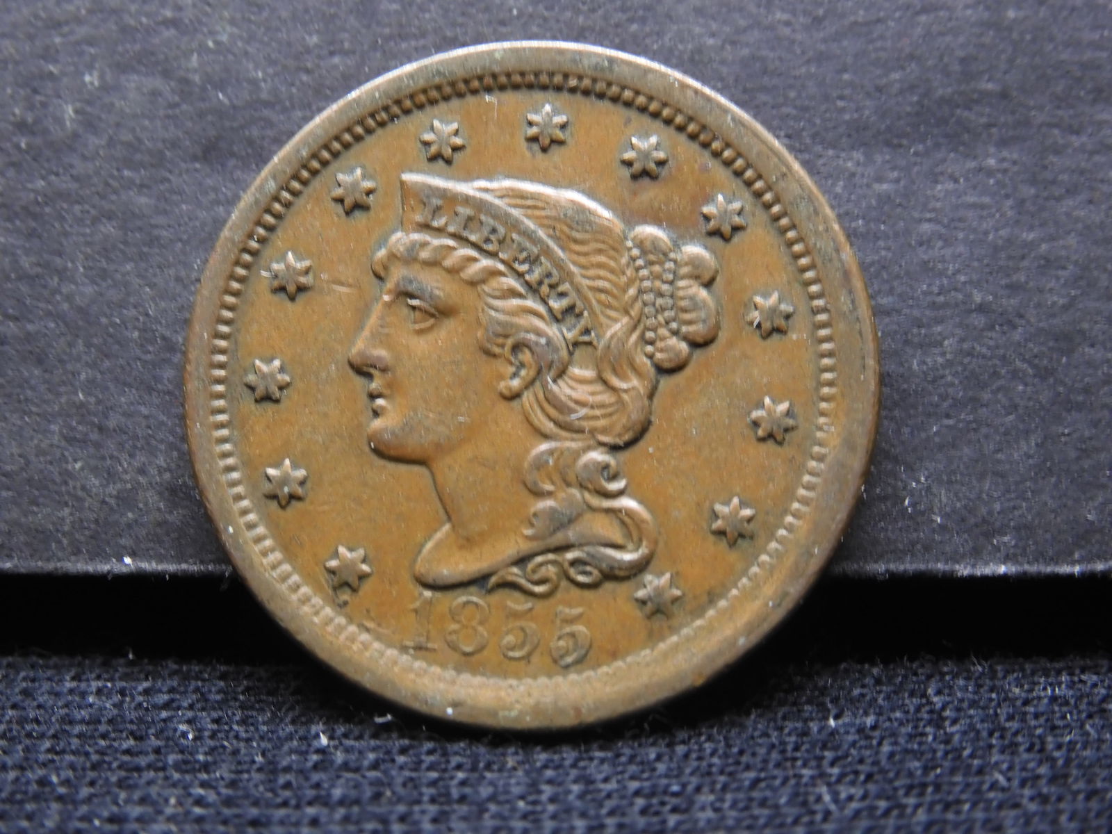 1855 Upright 5s Large Cent. Nice medium brown XF 45. Super coin. (1 of 2)