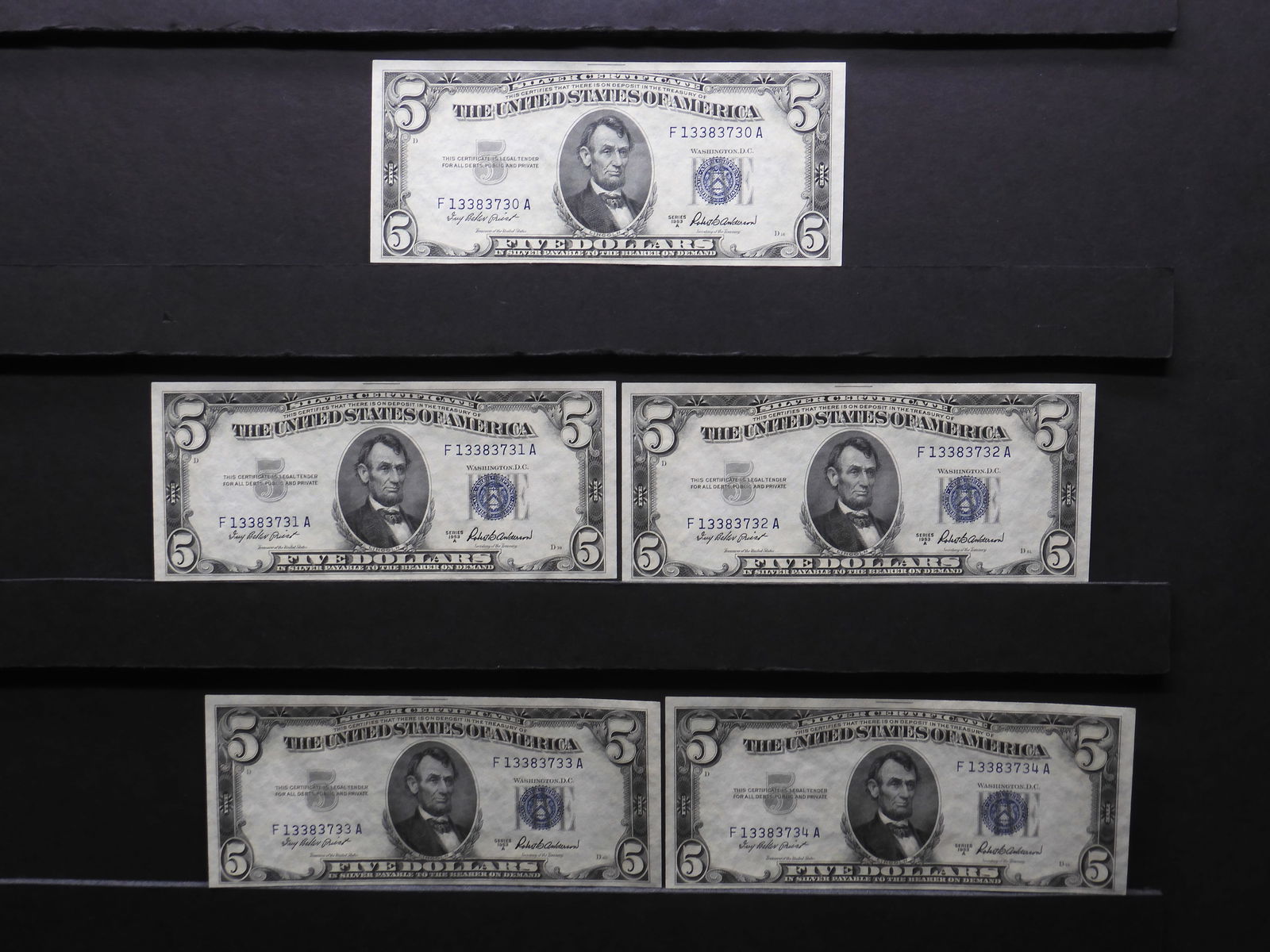 Five 1953A $5 Silver Certificates. Consecutive Serial Numbers. GEM Crisp Uncirculated. (1 of 4)