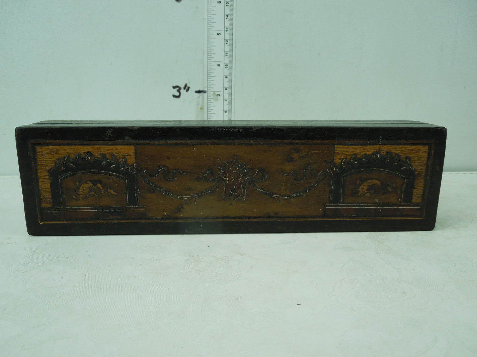 Civil War Era Wood Pencil Box Inlaid Dolphin Figure (1 of 6)