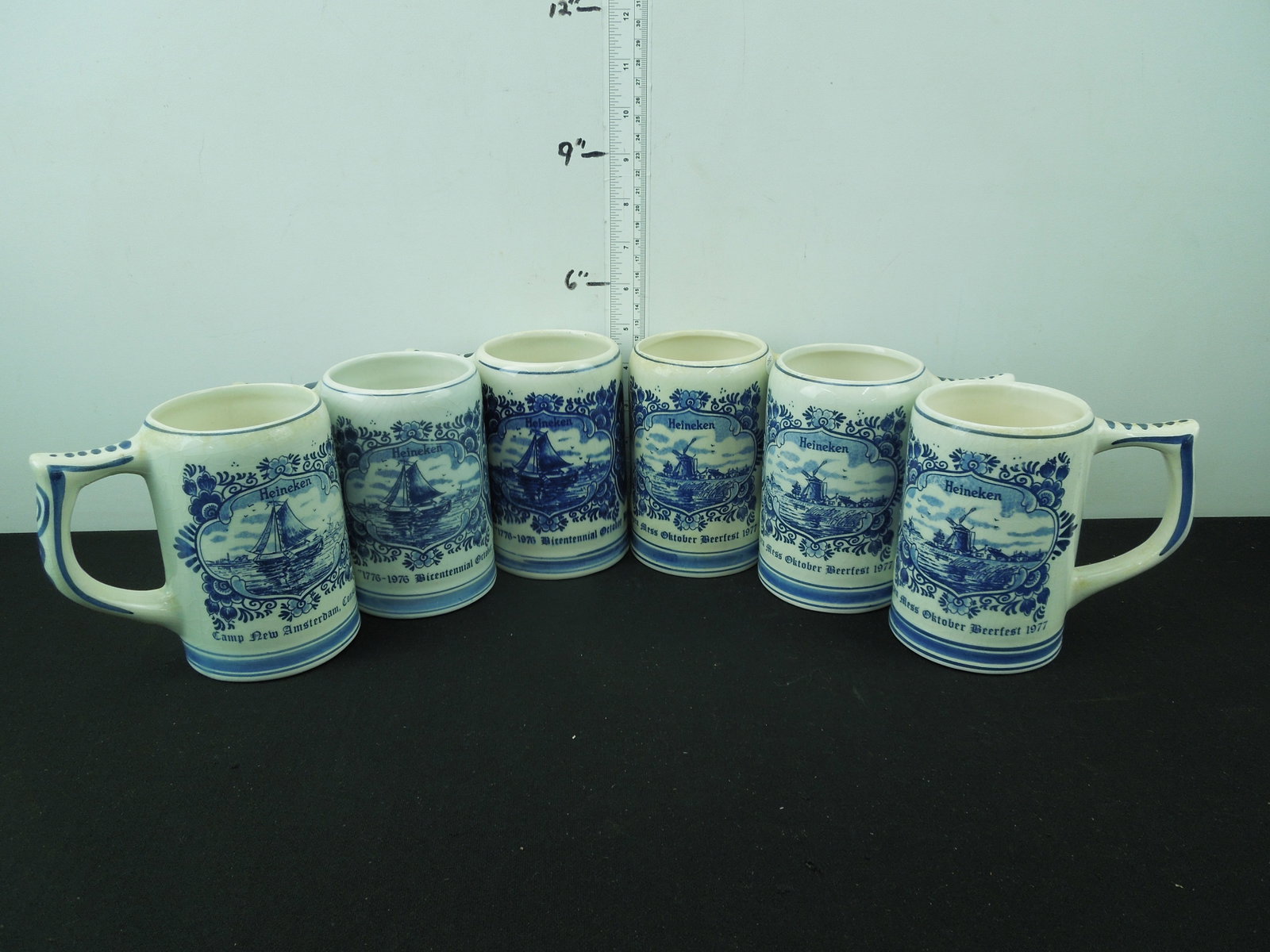 Lot of Six Heineken Beerfest 1977 Mugs Delft-Blauw, Hand painted, Made in Holland: Lot of Six Heineken Beerfest 1977 Mugs Delft-Blauw, Hand painted, Made in Holland