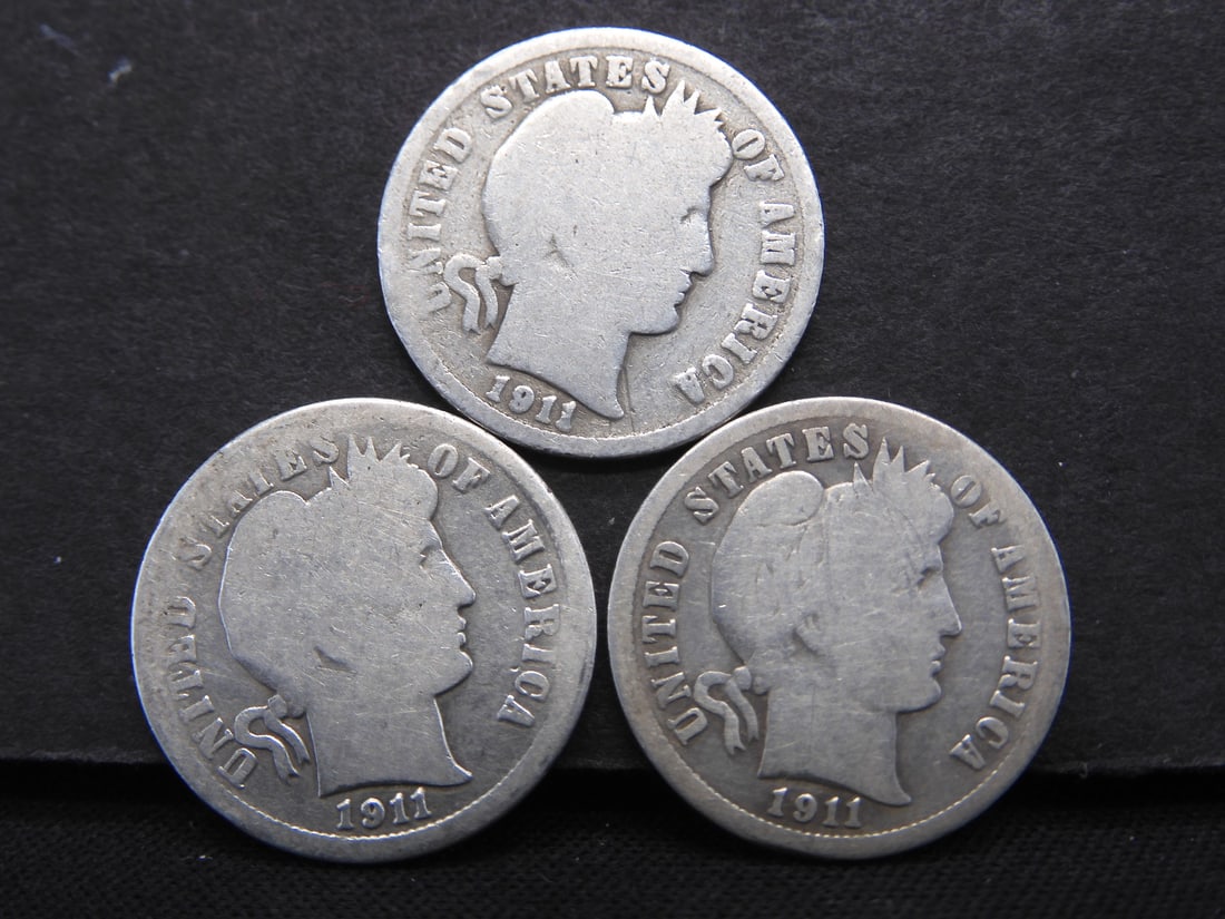 1911 P-D-S, 90% Silver, Barber Dimes, Over 100 Years old! (1 of 2)