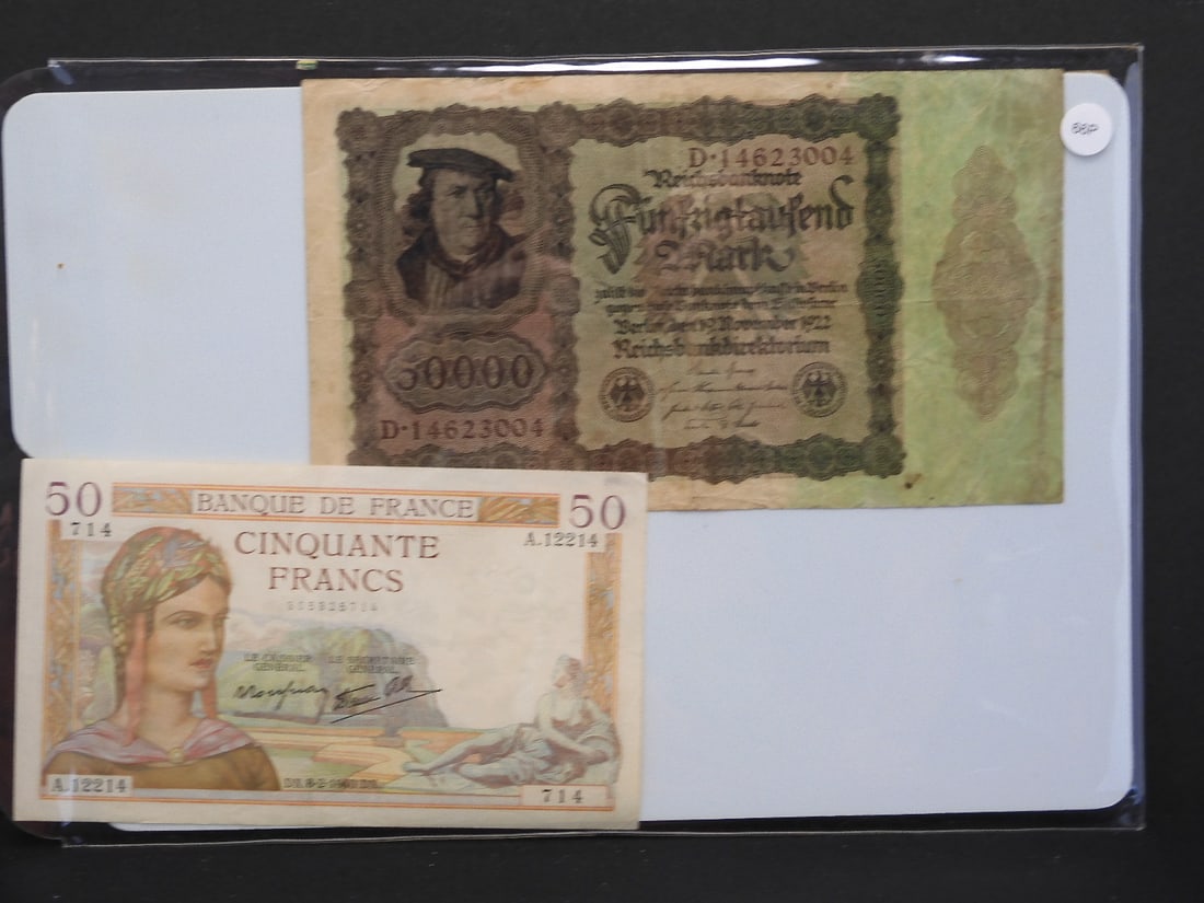1 Bank of France 50 Francs Note + 4 1920's German Reichsbanknote (1 of 7)