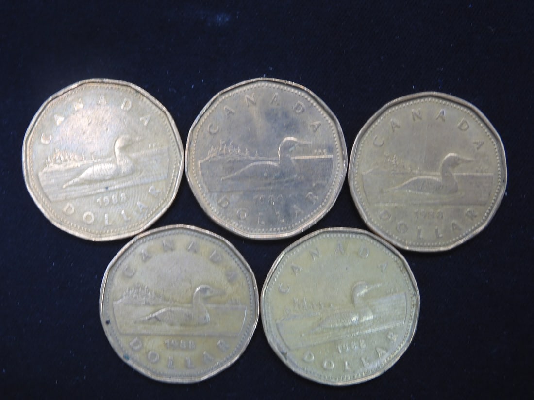 5 1988 Elizabeth II Canadian Dollars- Brass Plated Nickel (1 of 2)