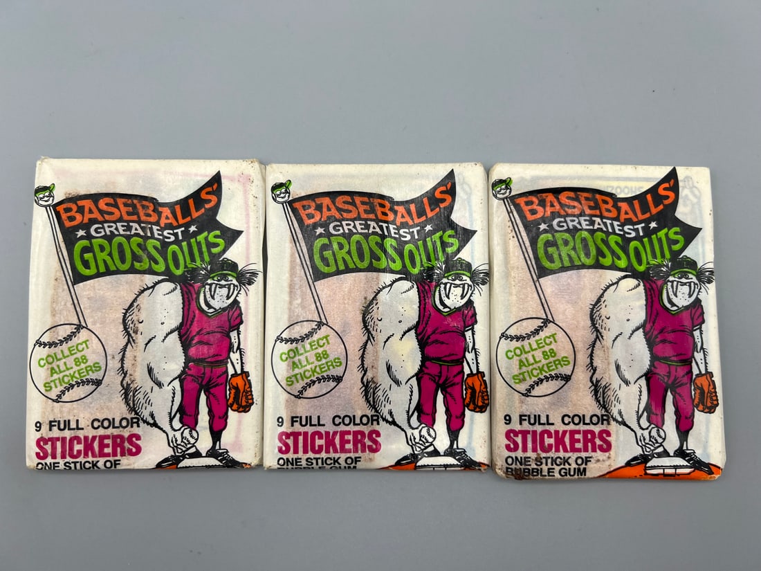 Lot of (3) 1988 Leaf Baseball's Greatest Grossouts Unopened Sticker Wax Packs (1 of 2)