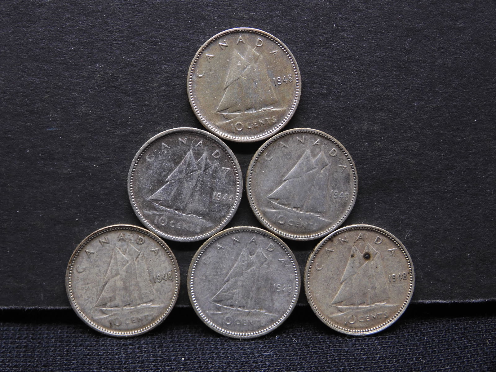 1944 & Five 1948 Canada silver dimes. Tough date with low mintage. F/VF. (1 of 3)