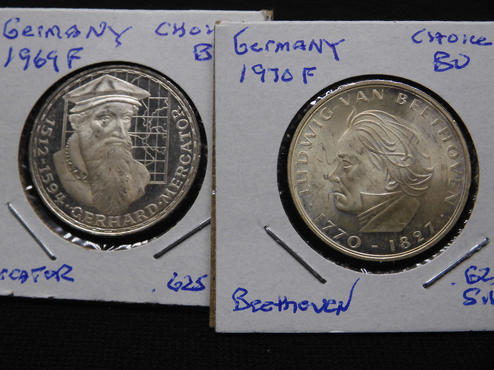 Two Germany .625 silver 5 Marks: 1969-F Mercator and 1970 F Beethoven. Choice BU. (1 of 3)