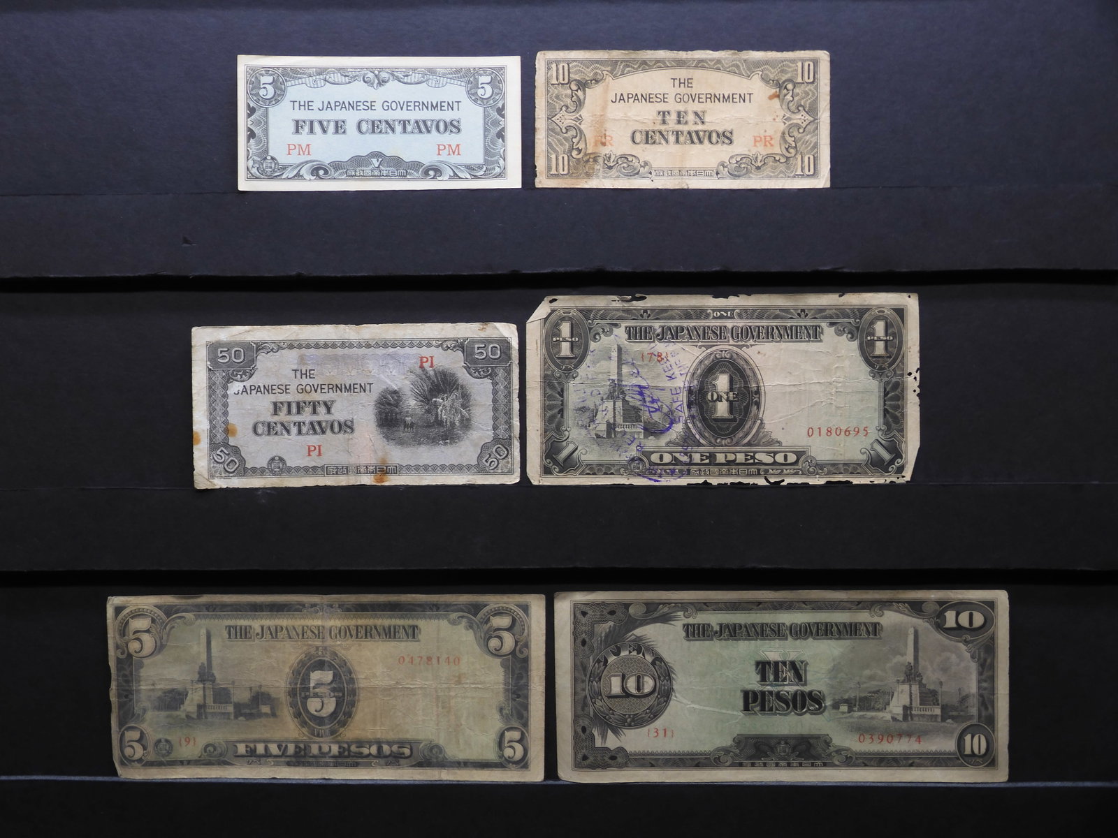 1943 Japan 5, 10, 50 Centavos And 1, 5, 10 Pesos Philippines WWII Military Invasion Currency. 6: 1943 Japan 5, 10, 50 Centavos And 1, 5, 10 Pesos Philippines WWII Military Invasion Currency. 6 Notes.