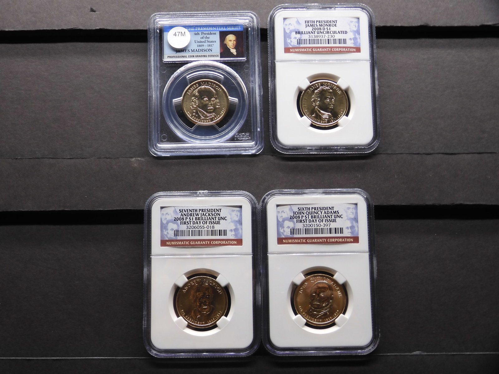 Four Brilliant Uncirculated 2007 & 2008 Presidential Dollars Graded By PCGS & NGC Grading Cos. 4th: Four Brilliant Uncirculated 2007 & 2008 Presidential Dollars Graded By PCGS & NGC Grading Cos. 4th thru 7th Presidents. Madison Monroe Adams Jackson.