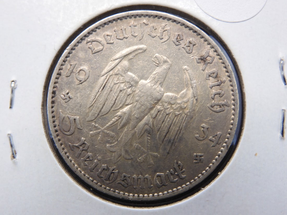 Germany 1934-F .90 Silver Potsdam Church 5 Reichsmark 13.8 Gram Very Fine (Historic Symbol) (1 of 3)