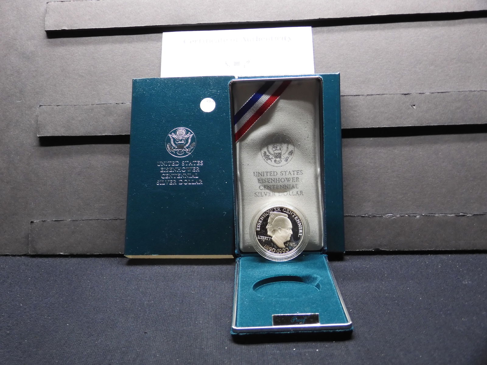 1990-S Eisenhower Commemorative $1 GEM Proof in original box plus COA. Classy 5 STAR general and a (1 of 4)