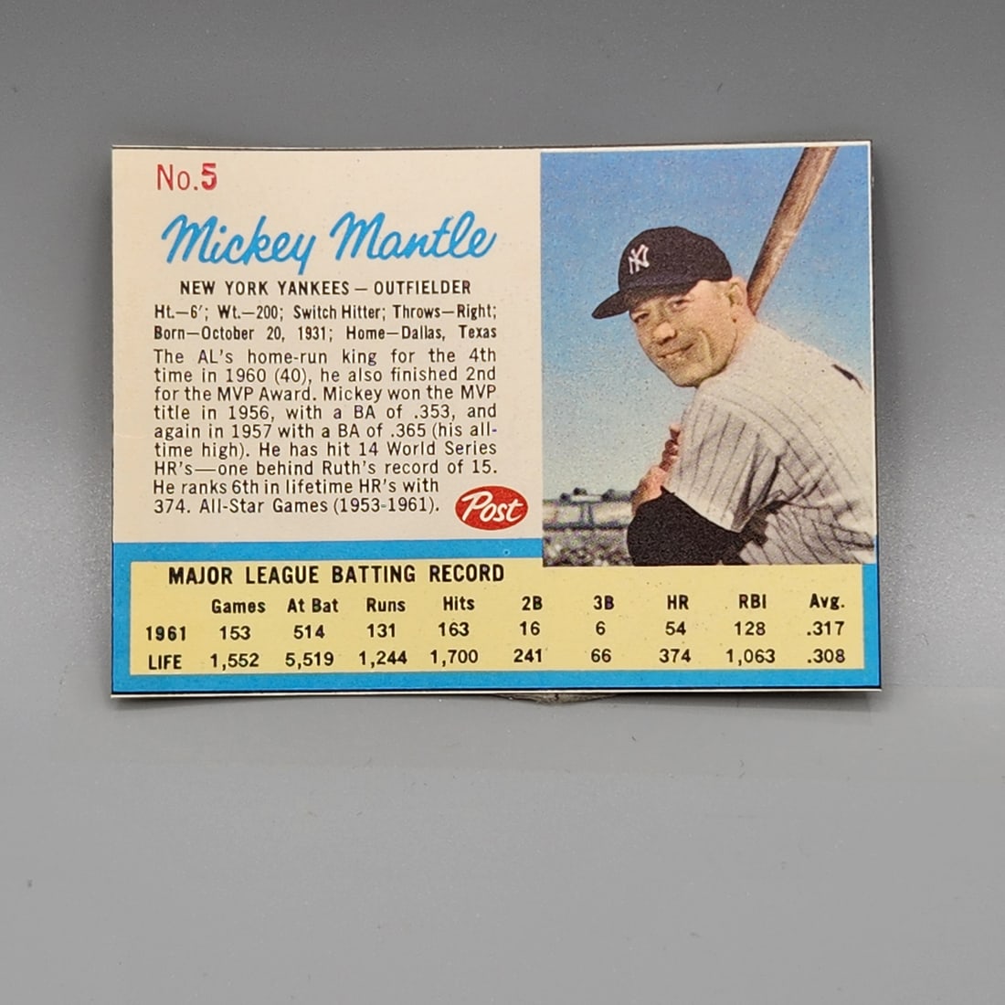 1962 Post Cereal Mickey Mantle #5 Ad Back, Life Magazine (1 of 2)
