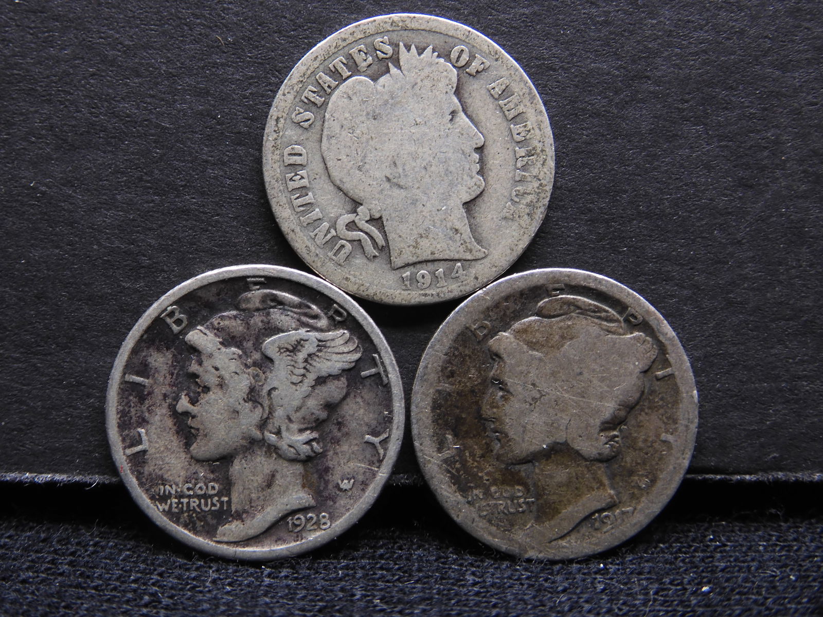 1914 Barber + 1917, 1928 Mercury 90% Silver Dimes (1 of 2)