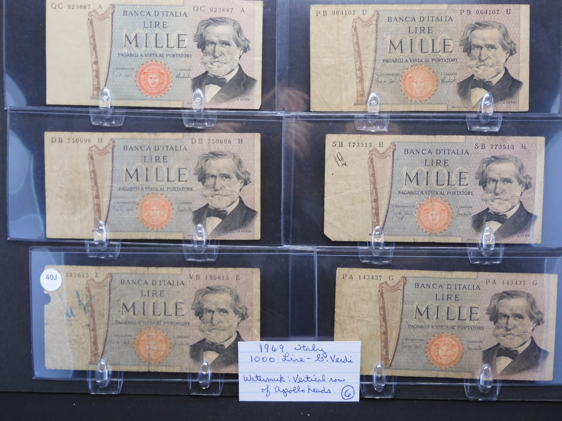 6 1969 Italy 1000 Lire G. Verdi- Watermark Vertical Row of Apollo Heads (1 of 6)