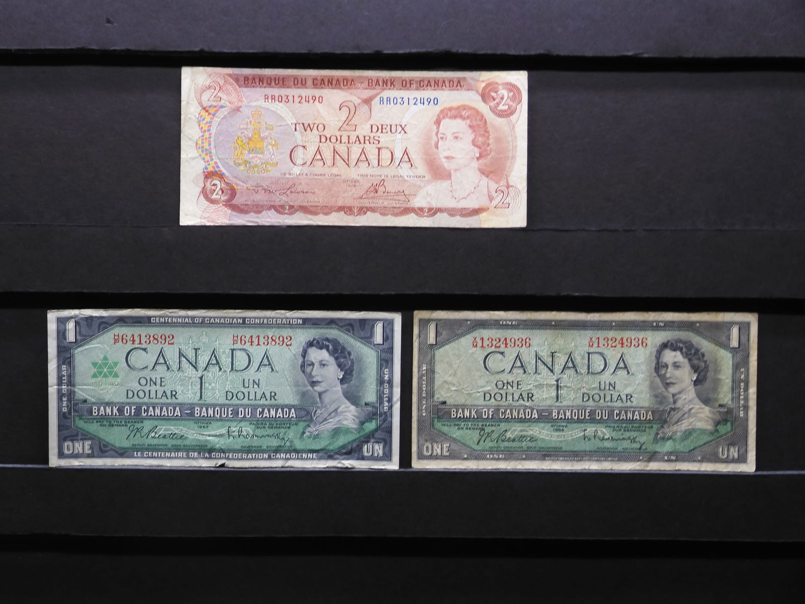 Canadian 1954 & 1967 One Dollar Notes & 1974 Two Dollar Note (1 of 8)