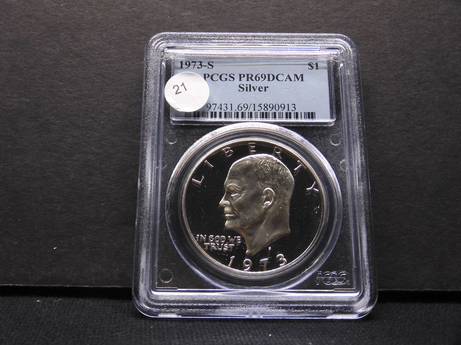 1973-S silver Ike Dollar. Slabbed by PCGS, number one grader, as PR69 Deep Cameo. Another tougher (1 of 4)