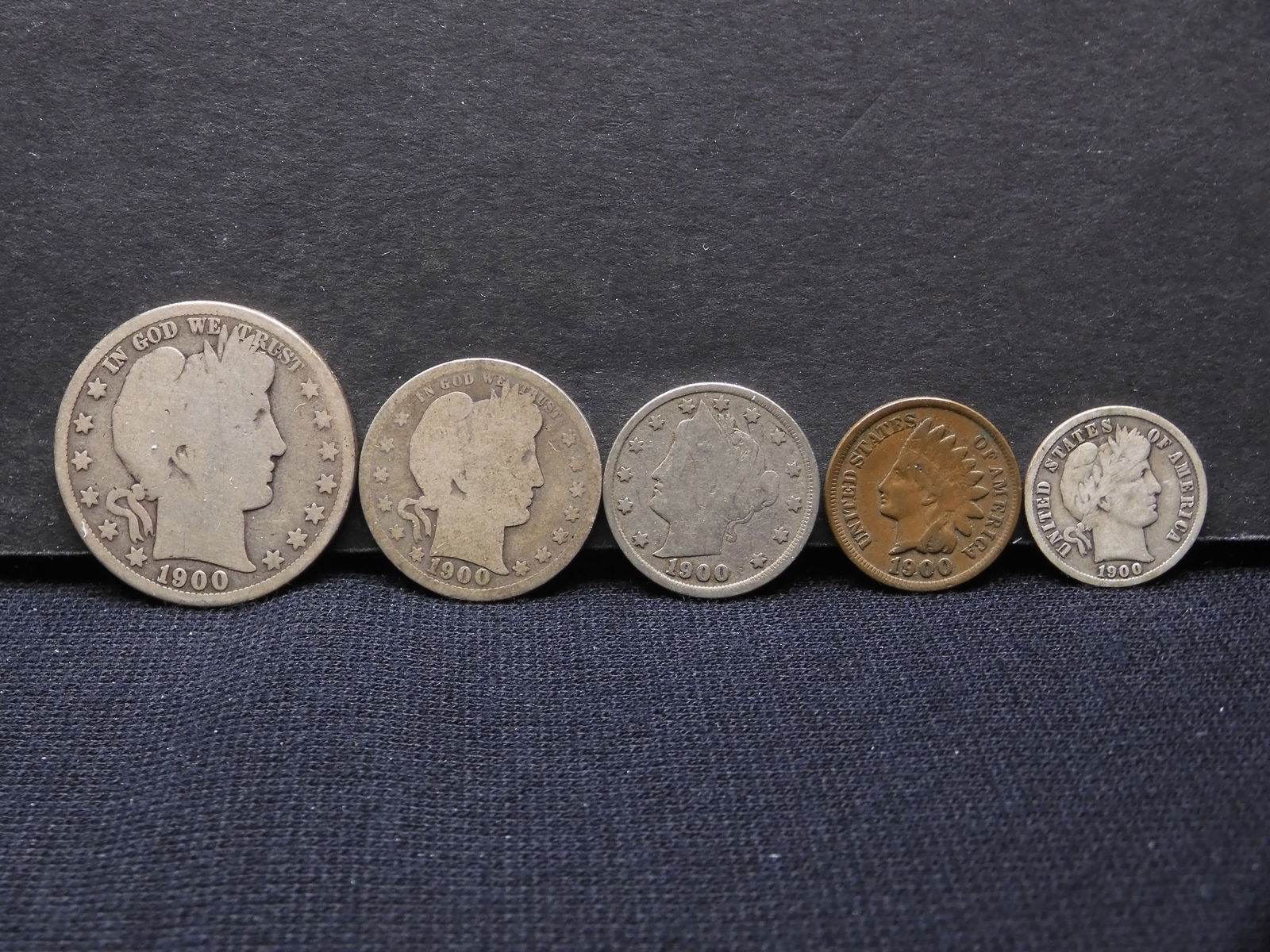1900 turn of the century type set: Barber half, Barber quarter, Barber dime, v nickel, and Indian (1 of 4)