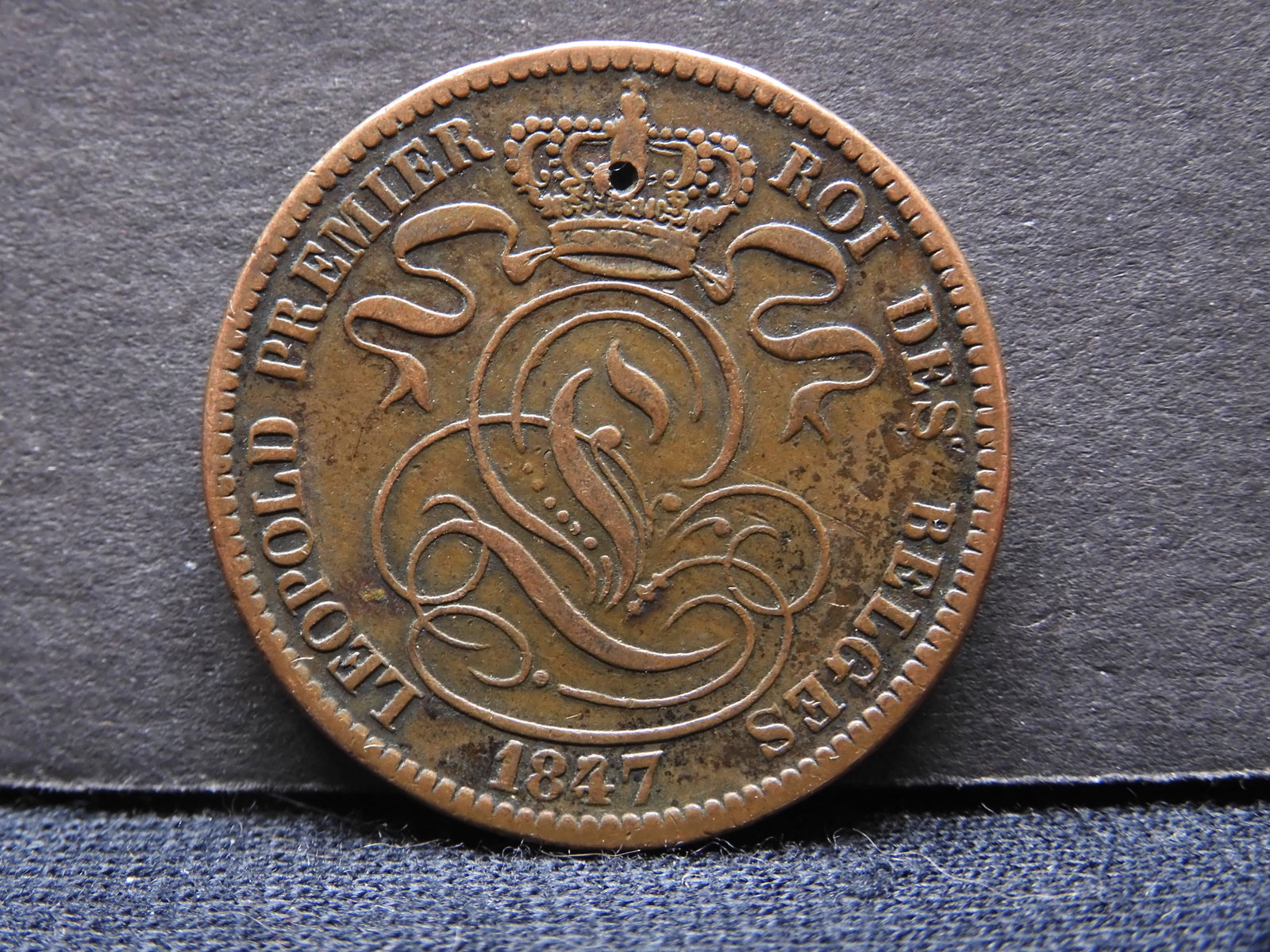 1847 Belgium 10 Centimes- Holed: 1847 Belgium 10 Centimes- Holed
