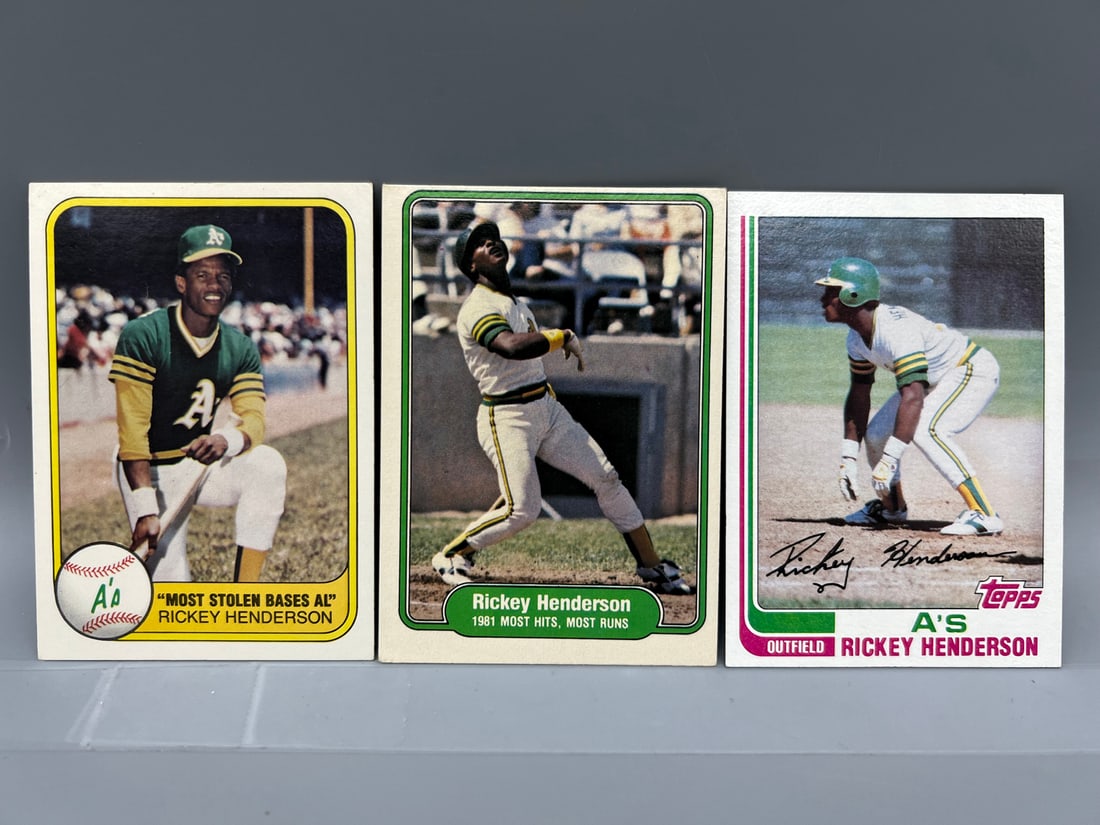 Lot of (3) 1980s Rickey Henderson Baseball Cards - Varying Conditions (1 of 2)