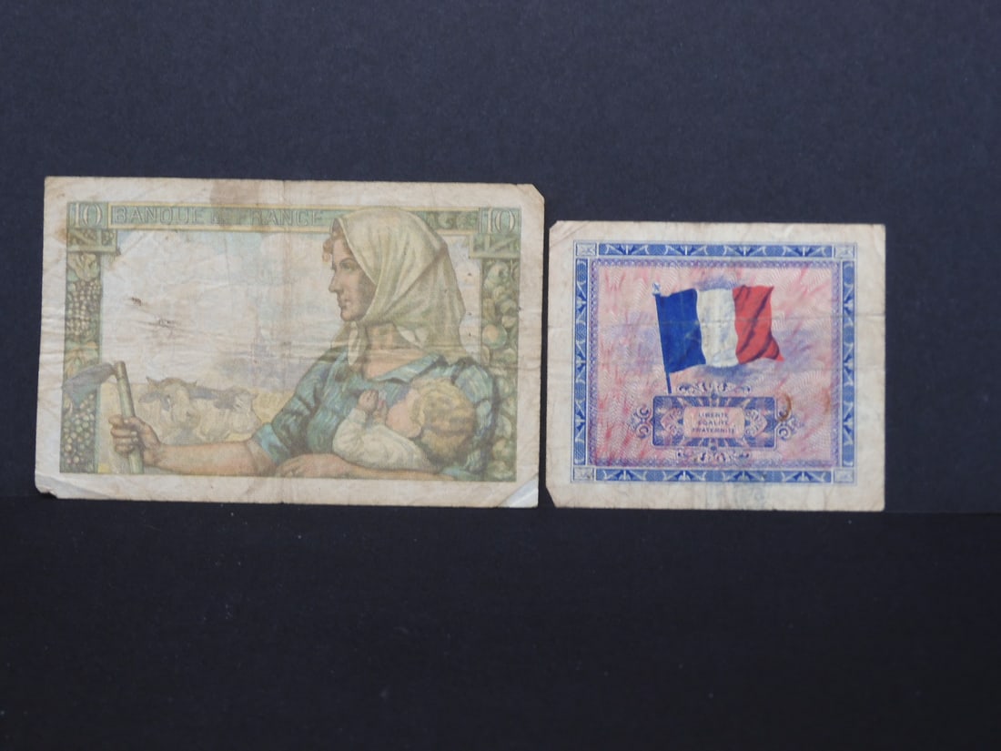 1- 1943 Dix Francs 10 Francs Note, 1944 - 2 Francs Emis En France Note (1 of 7)