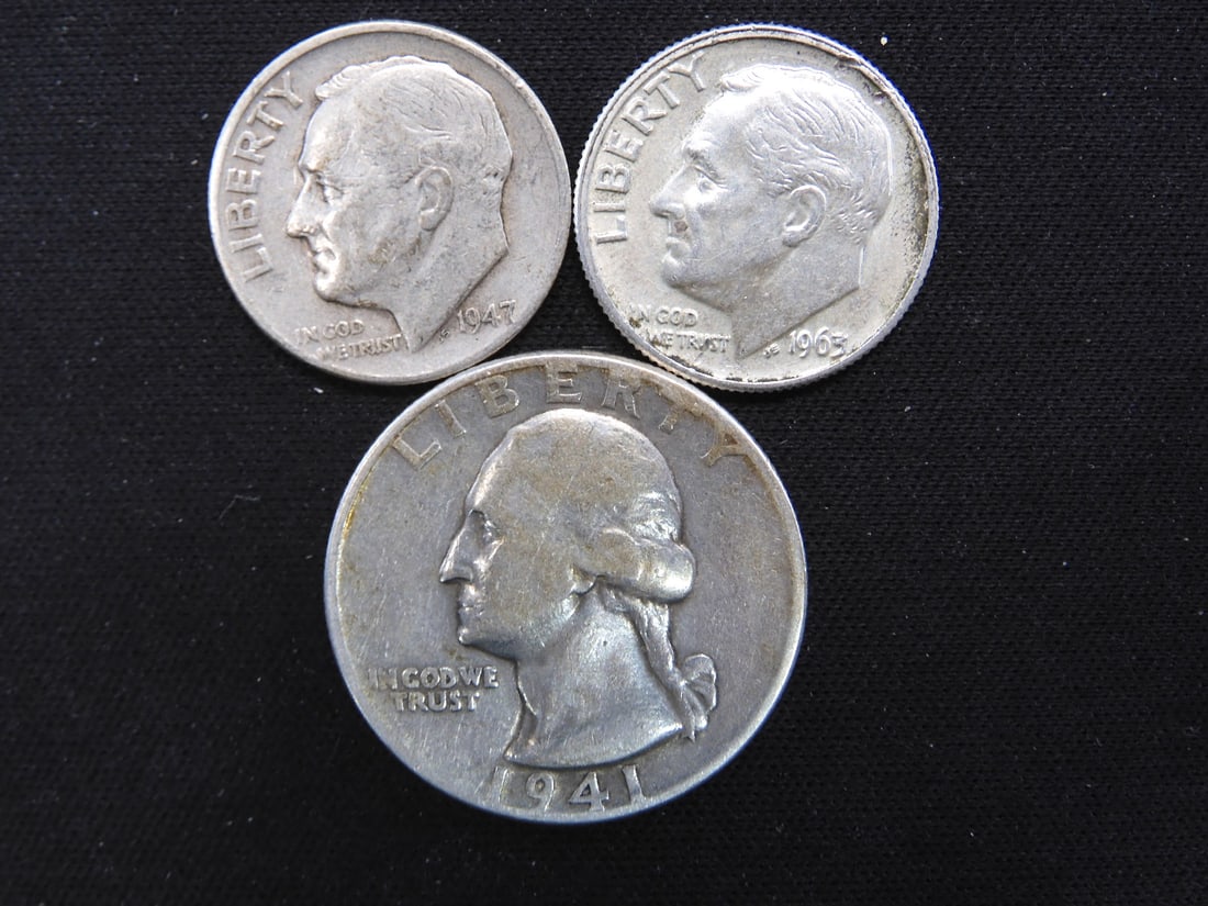 1941 25c & 1947 & 1963 D 10c, 90% Silver, Washington Quarter/Roosevelt Dimes (1 of 2)