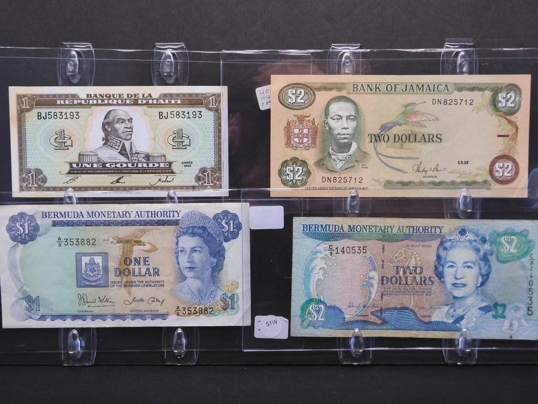 4 Notes -2000 Bermuda 2 Dollars, 1975-1988 Bermuda 1 Dollar, 1992-1993 Haiti 1 Gourde, 1985-1993: 4 Notes -2000 Bermuda 2 Dollars, 1975-1988 Bermuda 1 Dollar, 1992-1993 Haiti 1 Gourde, 1985-1993 Jamaica 2 Dinars