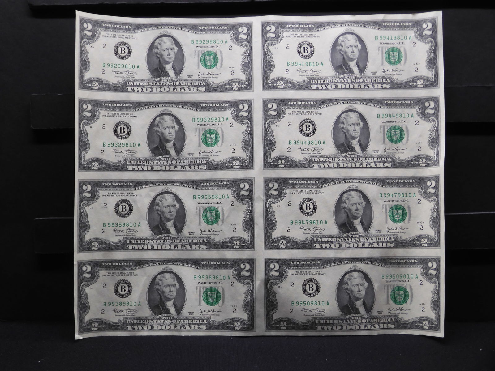 Uncut Sheet of Series 2003 $2.00 Notes - 8 Crisp Notes! (1 of 5)