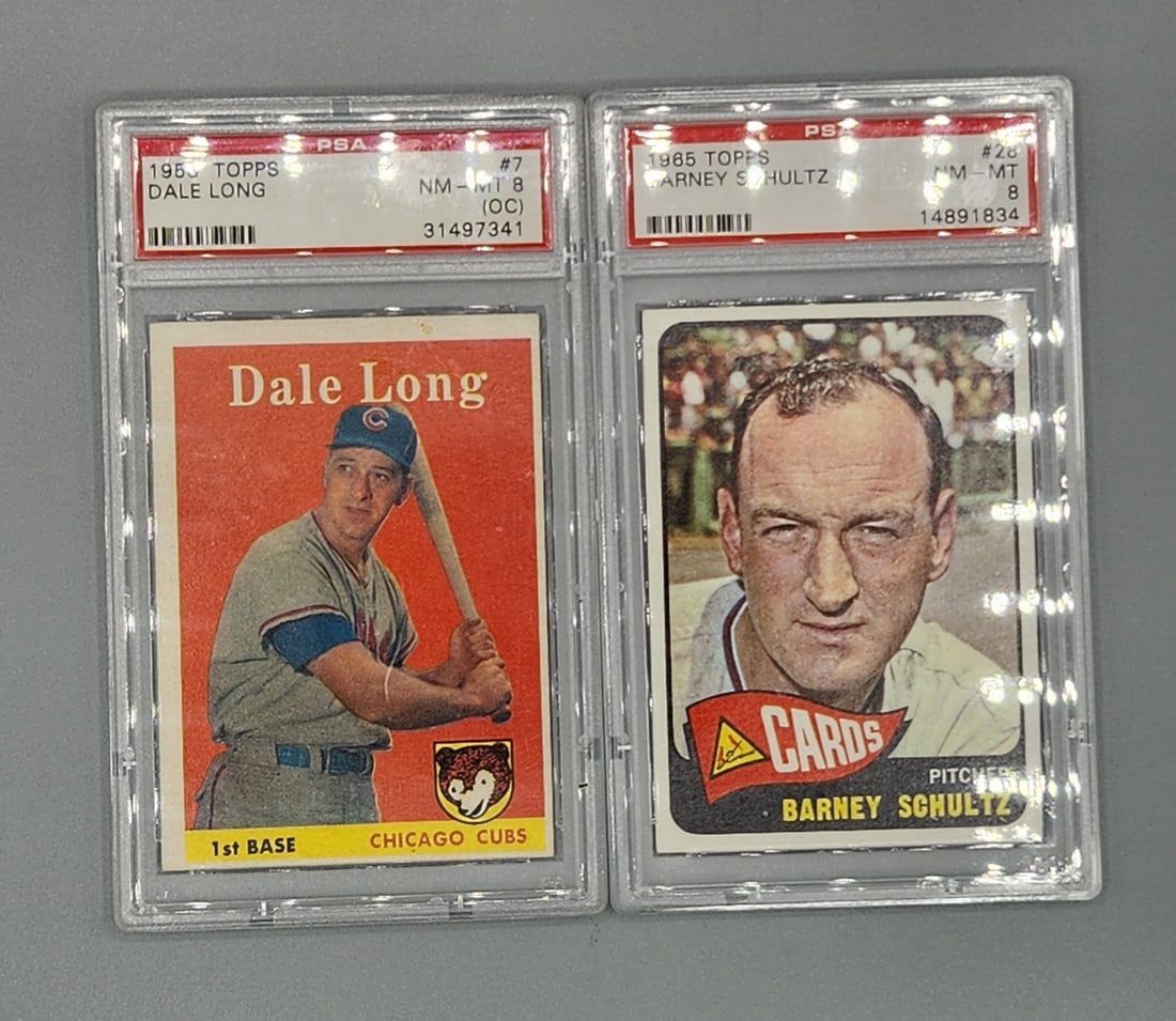 1958 Tops Dale Long #7 PSA 8 OC and 1965 Topps Barney Schultz #28 PSA 8 (1 of 2)