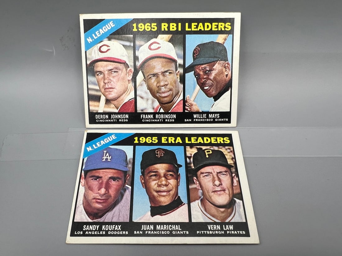 1966 Topps NL RBI Leaders Johnson/Robinson/Mays #219 & 1966 Topps NL ERA Leaders Koufax/Marichal/Law (1 of 2)