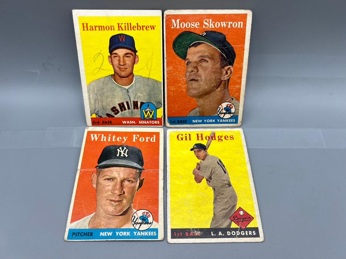 Lot of (4) 1958 Topps Baseball Star Player Cards - Varying Conditions - Harmon Killebrew, Moose: Lot of (4) 1958 Topps Baseball Star Player Cards - Varying Conditions - Harmon Killebrew, Moose Skowron, Whitey Ford, Gil Hodges
