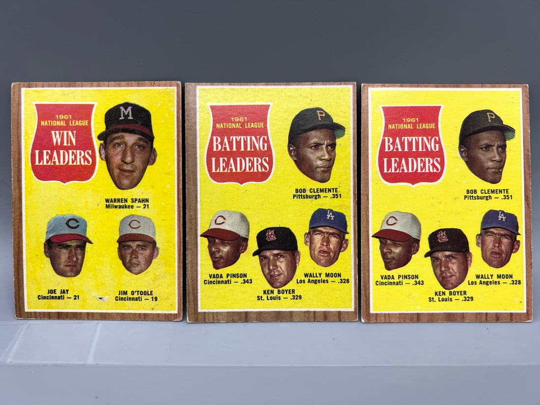 Lot of (3) 1962 Topps Baseball Leaders Cards W/ Stars - Varying Conditions - Roberto Clemente, (1 of 2)