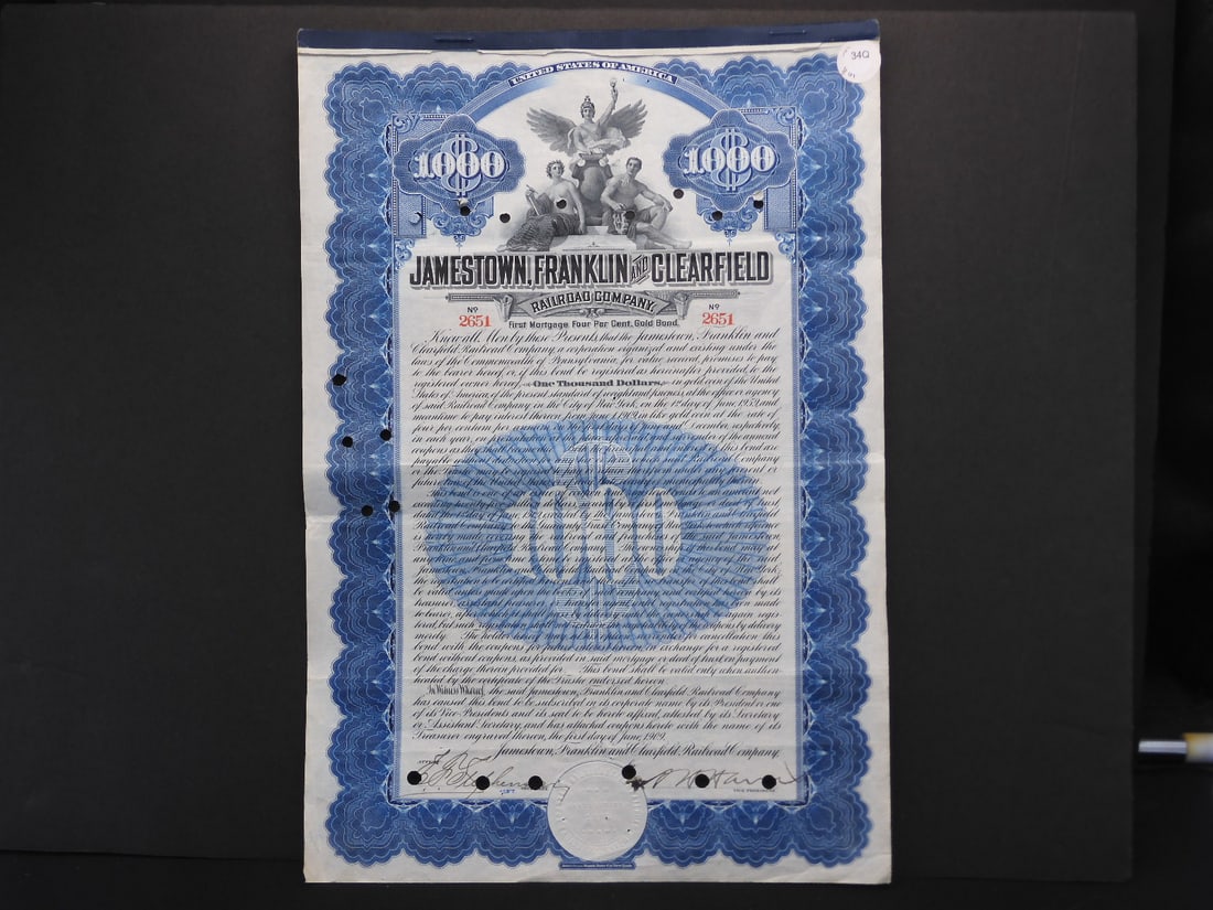 1909 Jamestown, Franklin, and Clearfield Railroad Company $1,000 Bond Certificate (1 of 7)