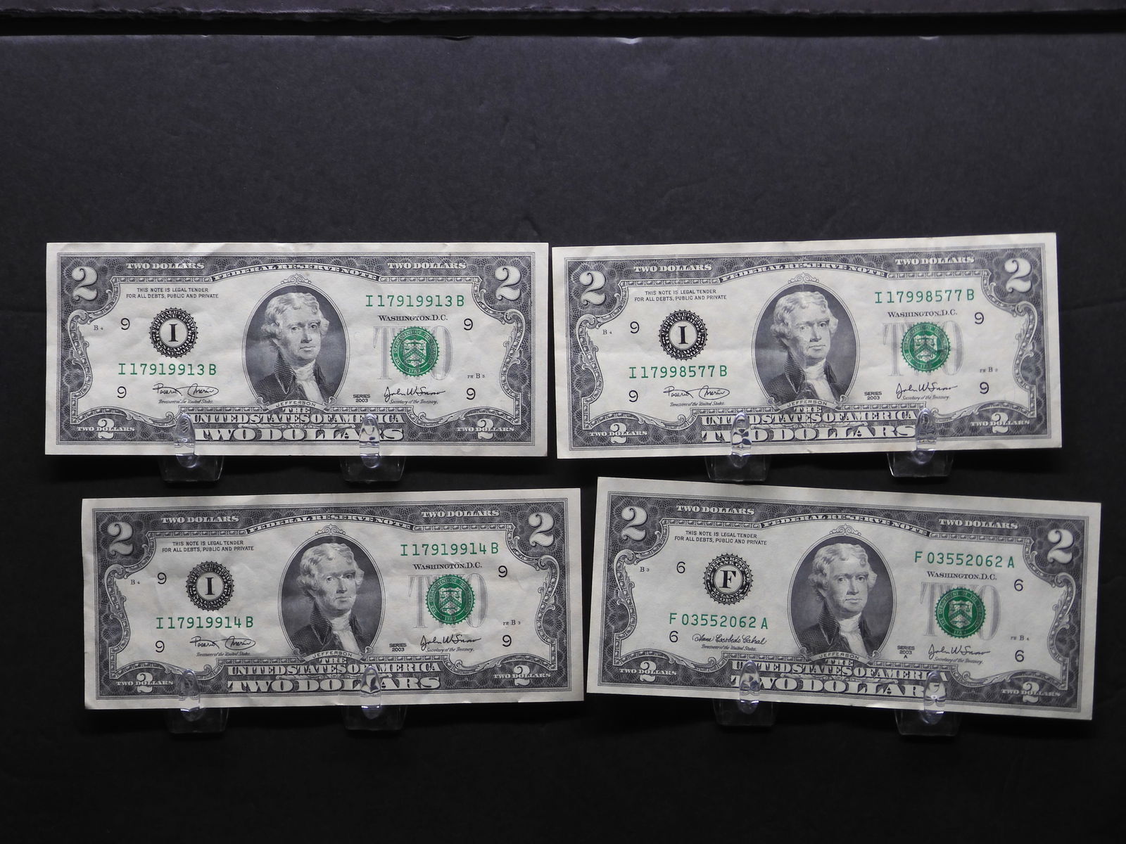 3 2003 + 1 2003-A $2 Green Seal Federal Reserve Notes- 2 2003's Are Consecutive (1 of 3)