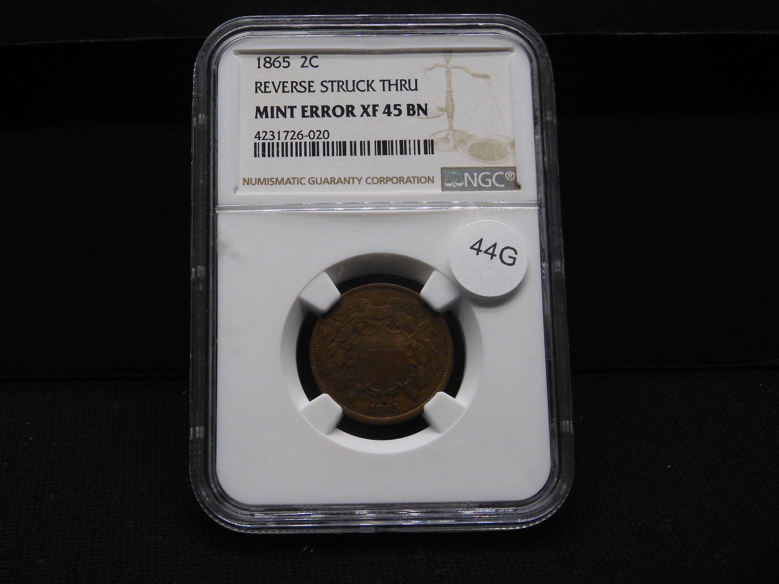 RARE GRADED ERROR 1865 2c. NGC Reverse Struck Thru ERROR, NGC XF BN. FULL WE (1 of 4)