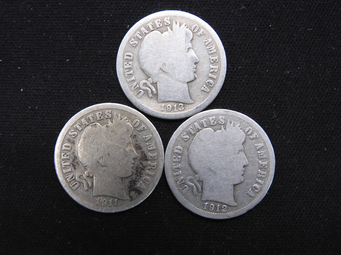 3 Consecutive (1911 D/1912 & 1913) 90% Silver, Barber Dimes, Over 100 Years old! (1 of 2)