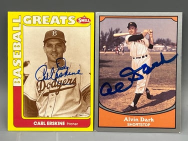 Carl Erskine & Al Dark Hand Signed Baseball Cards - No COAs