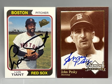 Luis Tiant & Johnny Pesky Hand Signed Baseball Cards - No COAs