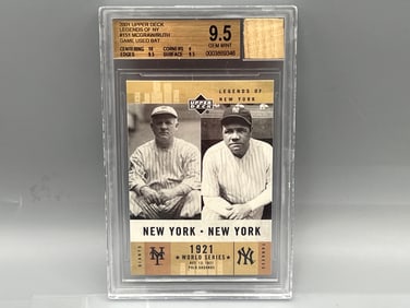 2001 Upper Deck Legends of NY Babe Ruth/John McGraw Game Used Bat Card BGS Gem Mint 9.5 - Pop 2 W/