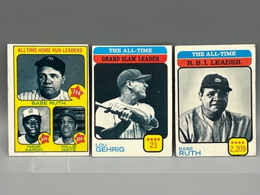 Lot of (3) 1973 Topps All Time Leaders Cards - Varying Conditions - Babe Ruth, Lou Gehrig, Hank