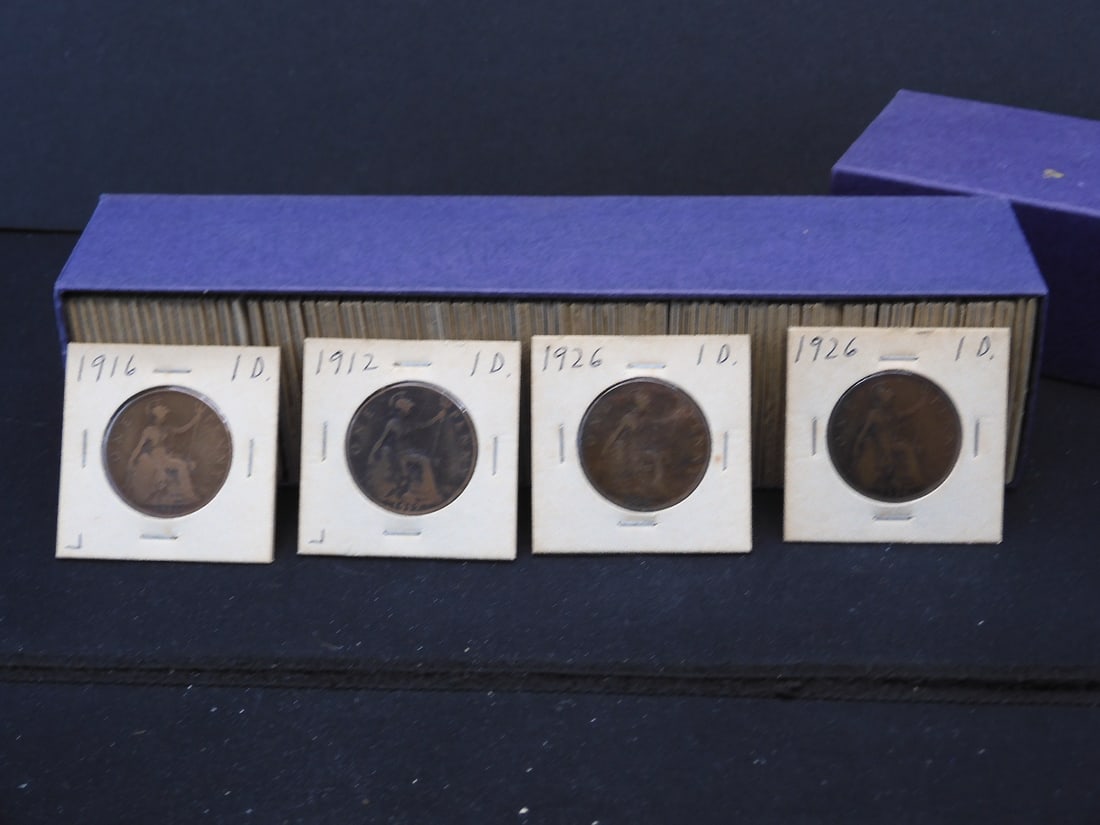 Full Box (Approx. 95 Pieces) Great Britain Pennies.  Dated 1907-1930.  Circ. (1 of 4)