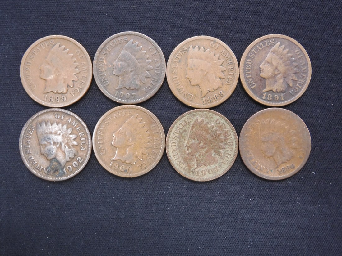1880, 89, 91, 99, 1900, 02, 04, 07 Indian Head Pennies (8 Coins) (1 of 2)