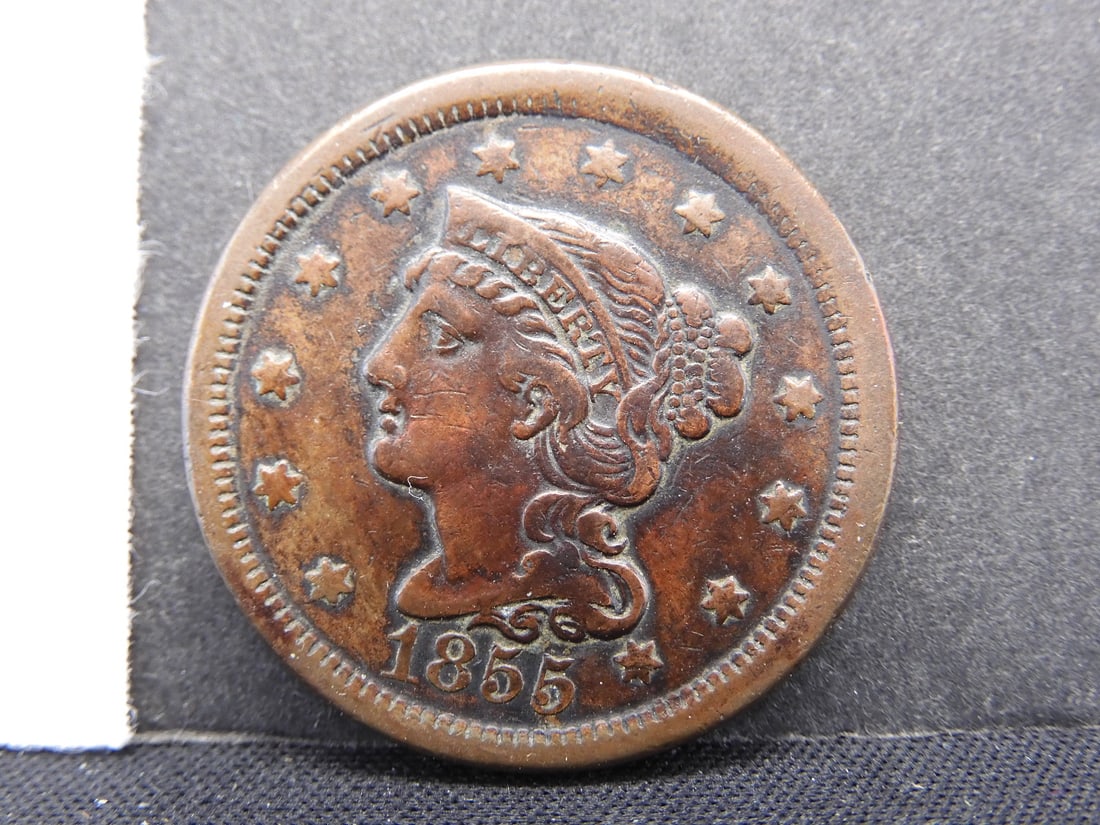 1855 Upright 5 US Large Cent: VF. (1 of 3)